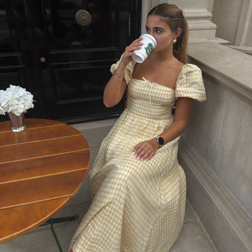 Reformation Yellow Check Midi Dress